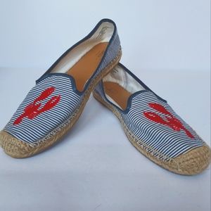 EUC G.H.Bass Jenna Blue Striped Canvas Espadrilles Red Lobster Embroidery Sz 8.5